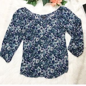 Lucky Brand Blue Floral Watercolor Peasant Blouse.